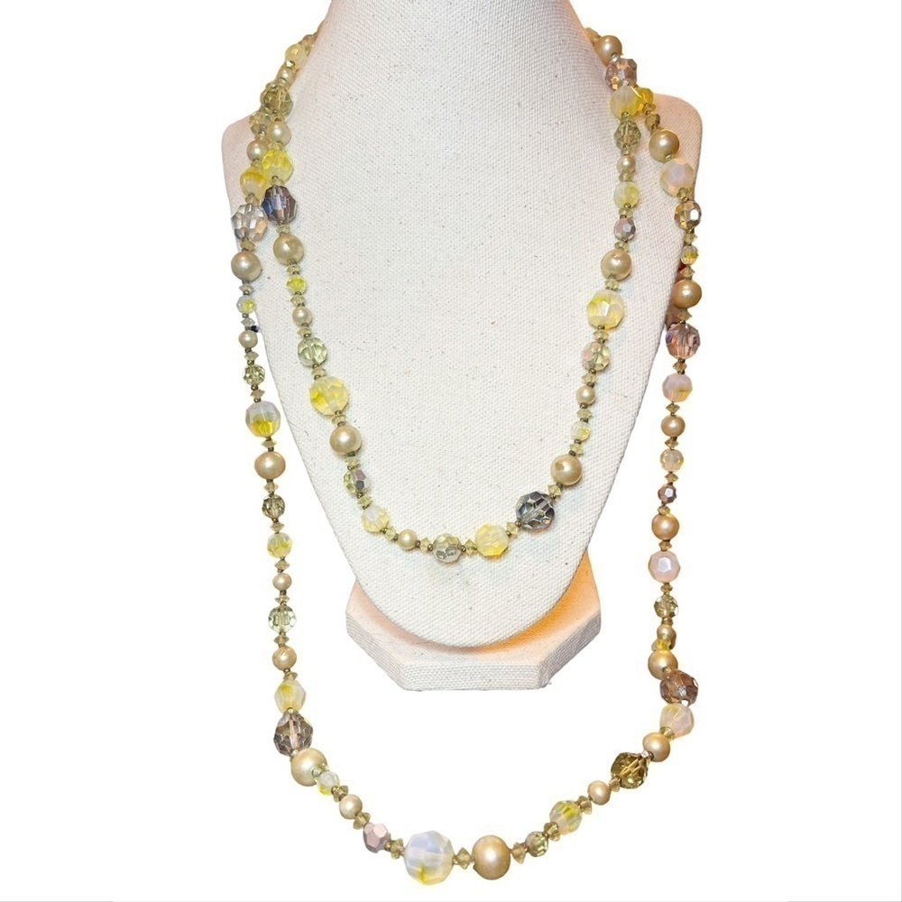 Vendome Yellow & Grey Aurora Borealis Crystal & Pearl‎ Beaded Long Wrap Necklace